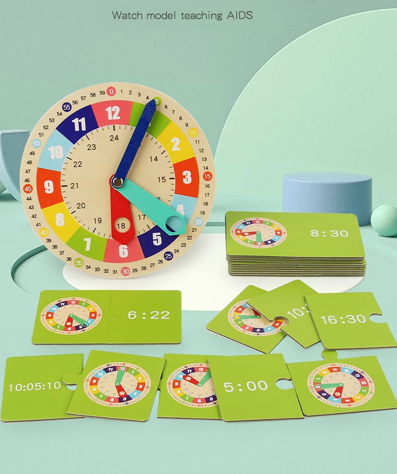 Wooden Clock Model Teaching Aid,Montessori Learning Clocks with Cards,Kindergartner Toy for Game,Interaction Playroom Wall