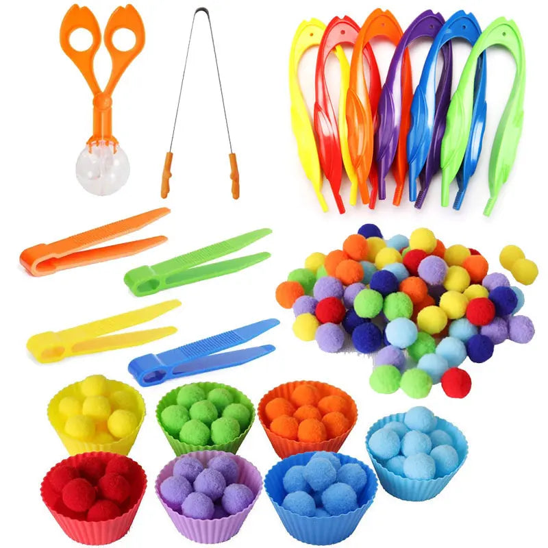 Children Fine Motor Skills Learning Counting Rainbow Pompoms Sorting Games Montessori Early Education Toy with Tweezers for Kids