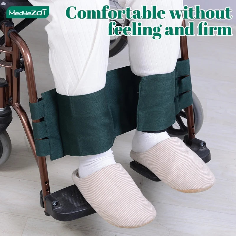 Leg restraints with seat belts to prevent disabled people, Alzheimer's patients from falling from wheelchairs, falling restlessn