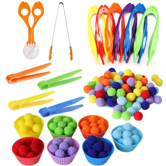 Children Fine Motor Skills Learning Counting Rainbow Pompoms Sorting Games Montessori Early Education Toy with Tweezers for Kids