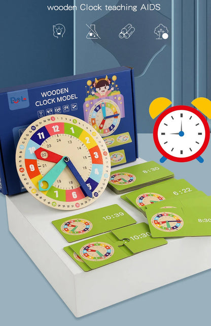 Wooden Clock Model Teaching Aid,Montessori Learning Clocks with Cards,Kindergartner Toy for Game,Interaction Playroom Wall