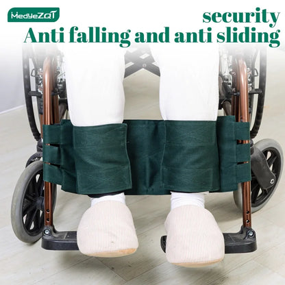 Leg restraints with seat belts to prevent disabled people, Alzheimer's patients from falling from wheelchairs, falling restlessn