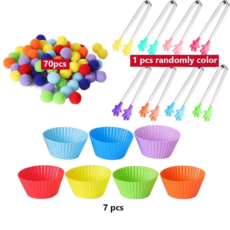 Children Fine Motor Skills Learning Counting Rainbow Pompoms Sorting Games Montessori Early Education Toy with Tweezers for Kids