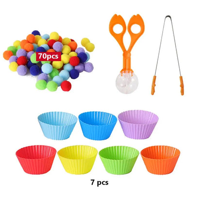 Children Fine Motor Skills Learning Counting Rainbow Pompoms Sorting Games Montessori Early Education Toy with Tweezers for Kids