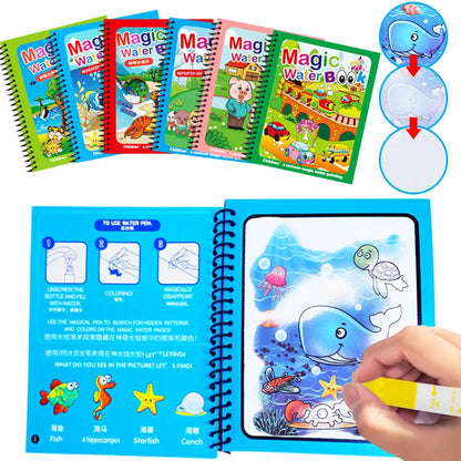 Cartoon Reusable Coloring Book Magical Water Drawing Book with Pen Drawing Toys Early Educational Montessori Toys for Kids