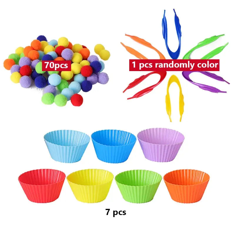 Children Fine Motor Skills Learning Counting Rainbow Pompoms Sorting Games Montessori Early Education Toy with Tweezers for Kids