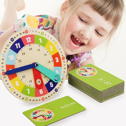 Wooden Clock Model Teaching Aid,Montessori Learning Clocks with Cards,Kindergartner Toy for Game,Interaction Playroom Wall