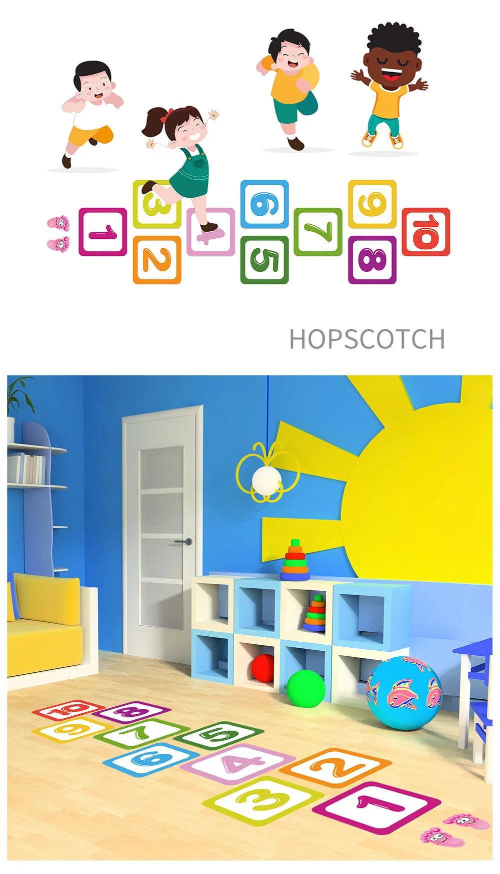 Hopscotch Floor Stickers Lattice Number Game Kindergarten Children Room Cartoon Wall Stickers Waterproof 10PCS