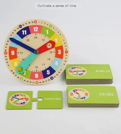 Wooden Clock Model Teaching Aid,Montessori Learning Clocks with Cards,Kindergartner Toy for Game,Interaction Playroom Wall