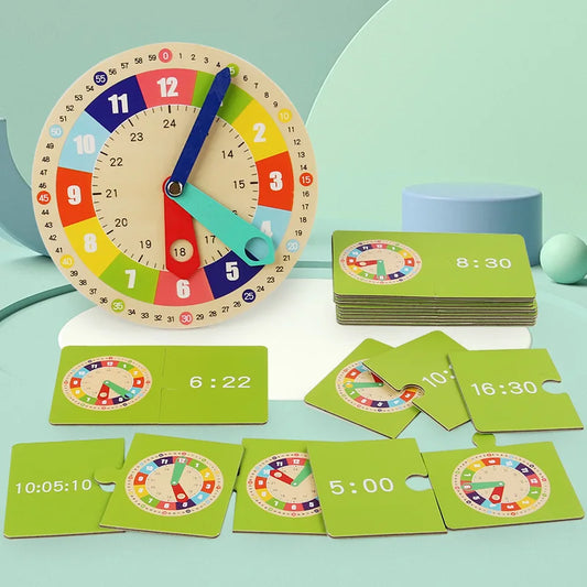 Wooden Clock Model Teaching Aid,Montessori Learning Clocks with Cards,Kindergartner Toy for Game,Interaction Playroom Wall