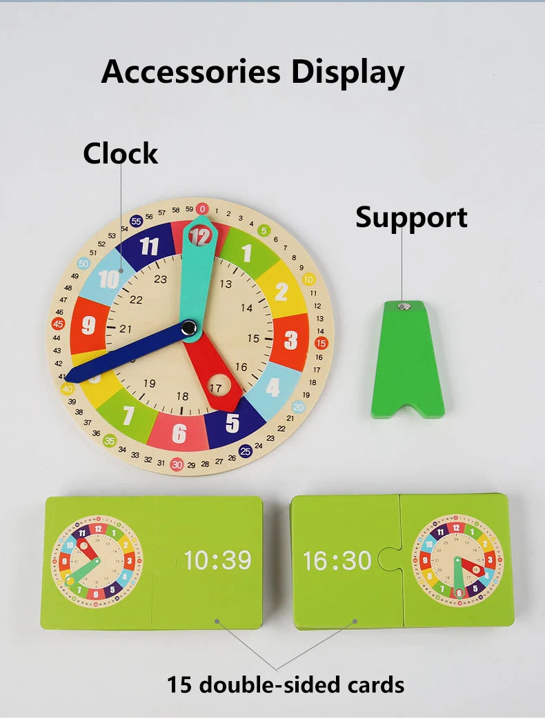 Wooden Clock Model Teaching Aid,Montessori Learning Clocks with Cards,Kindergartner Toy for Game,Interaction Playroom Wall