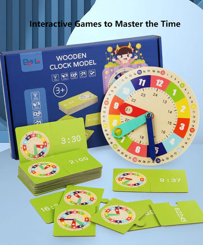 Wooden Clock Model Teaching Aid,Montessori Learning Clocks with Cards,Kindergartner Toy for Game,Interaction Playroom Wall