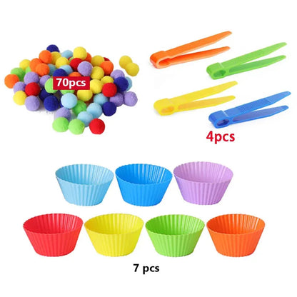 Children Fine Motor Skills Learning Counting Rainbow Pompoms Sorting Games Montessori Early Education Toy with Tweezers for Kids